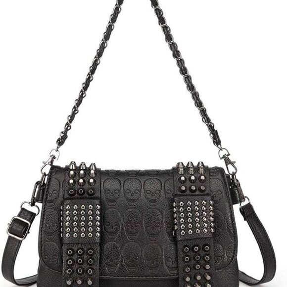 Women Gothic Skull Shoulder Bag PU Leather Chain Satchel Crossbody Tote Black - Picture 1 of 7